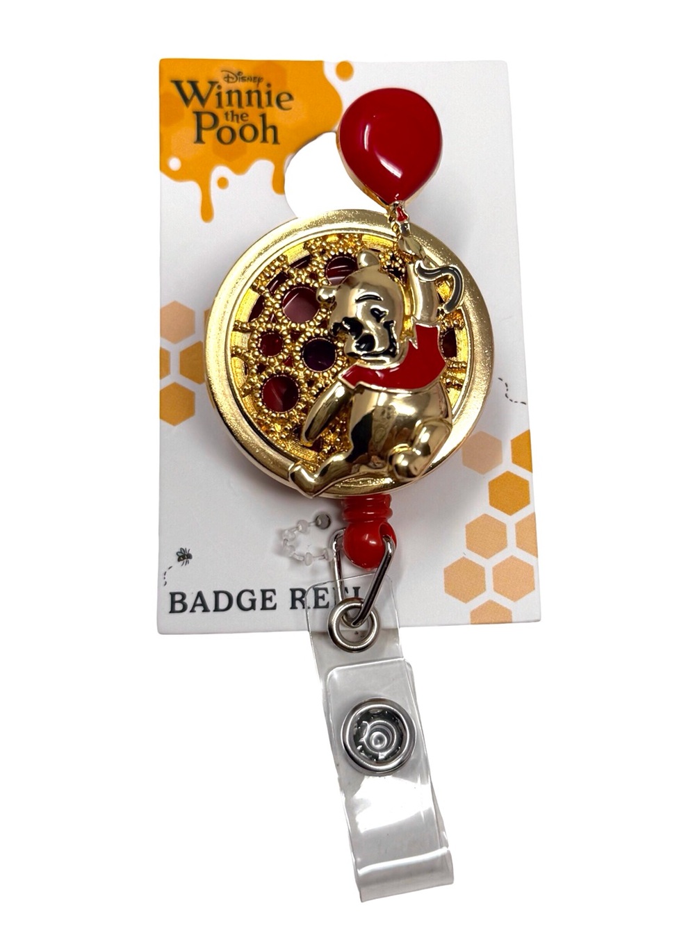 Disney Winnie The Pooh Badge Reel - Gold Tone With Red Balloon New